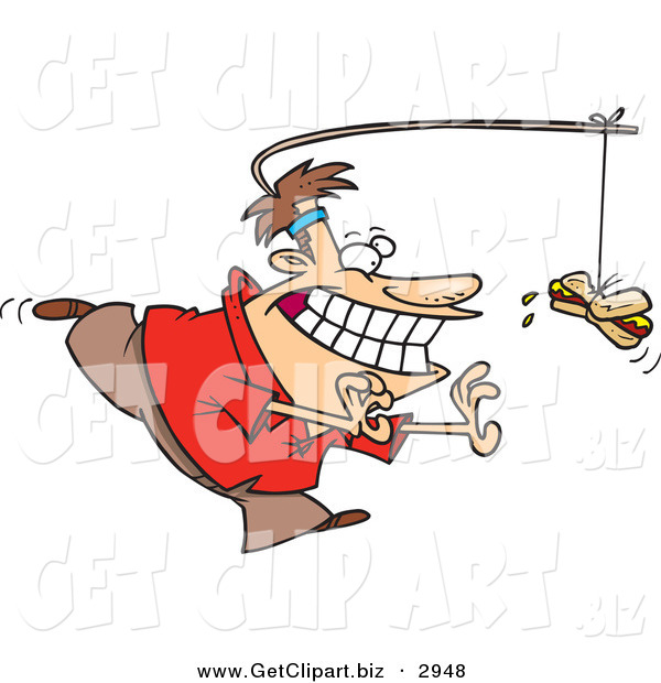 Clip Art Of A Starving Man Chasing A Hotdog On A Stick Attached To His    