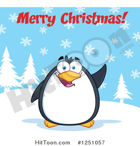 Clipart Of A Penguin Character Waving Under Merry Christmas Text    