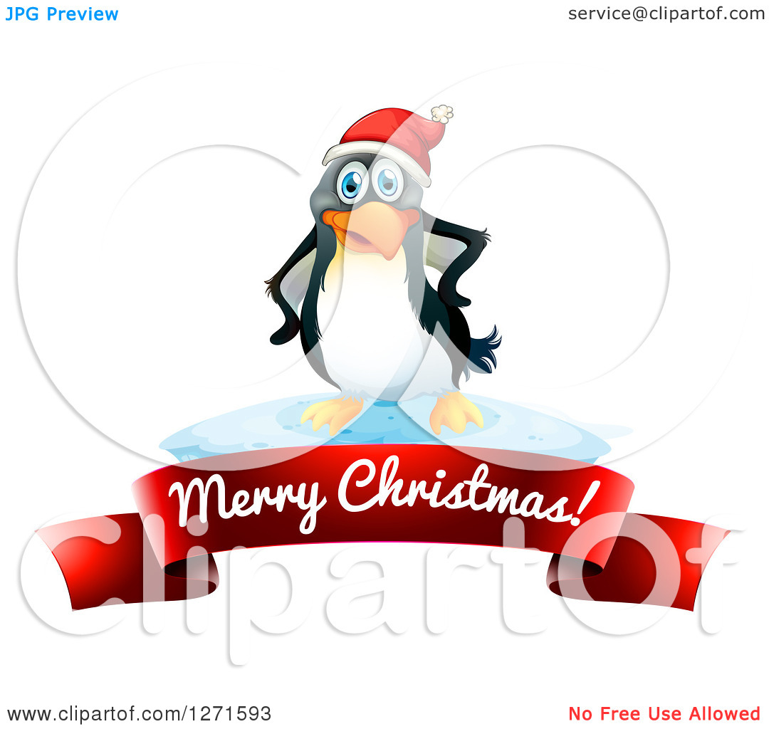 Clipart Of A Penguin Wearing A Santa Hat Over A Red Merry Christmas    