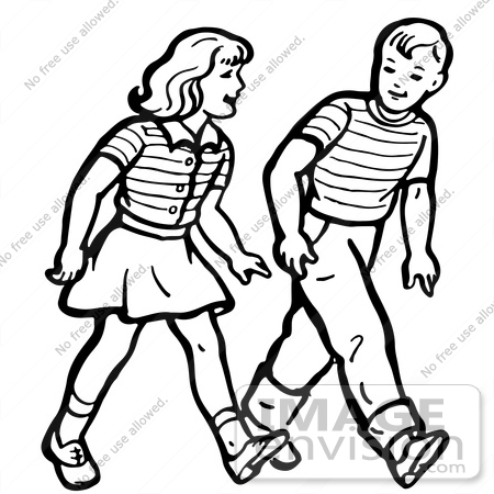 Clipart Of A Retro Boy And Girl Walking In Black And White   Royalty