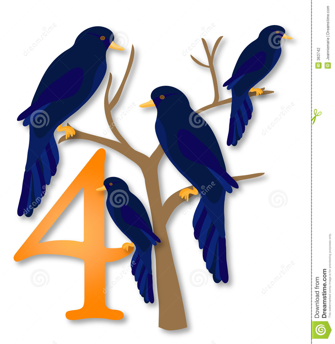 Four Midnight Blue Calling Birds Sit On A Bare Tree In Winter  Part 4    