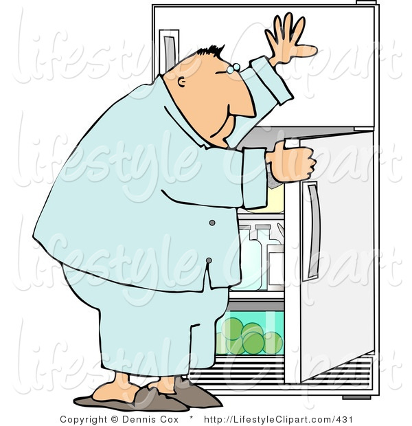 Lifestyle Clipart Of A Starving Overweight Man Looking Through The