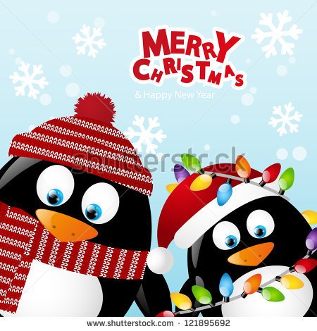 Merry Christmas Card With Two Penguins   Stock Vector