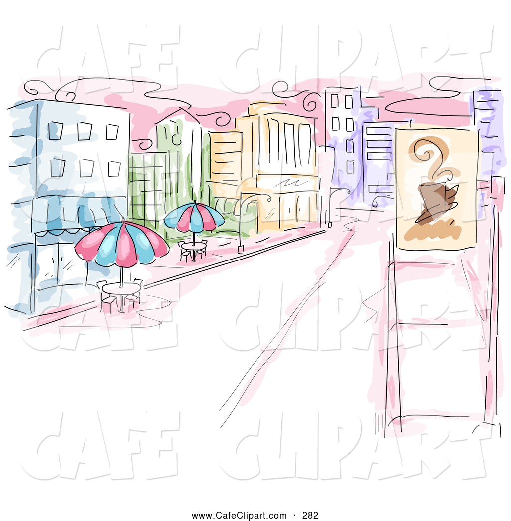 Clip Art Of A Pretty Watercolor And Sketched Urban Sidewalk Cafe Scene