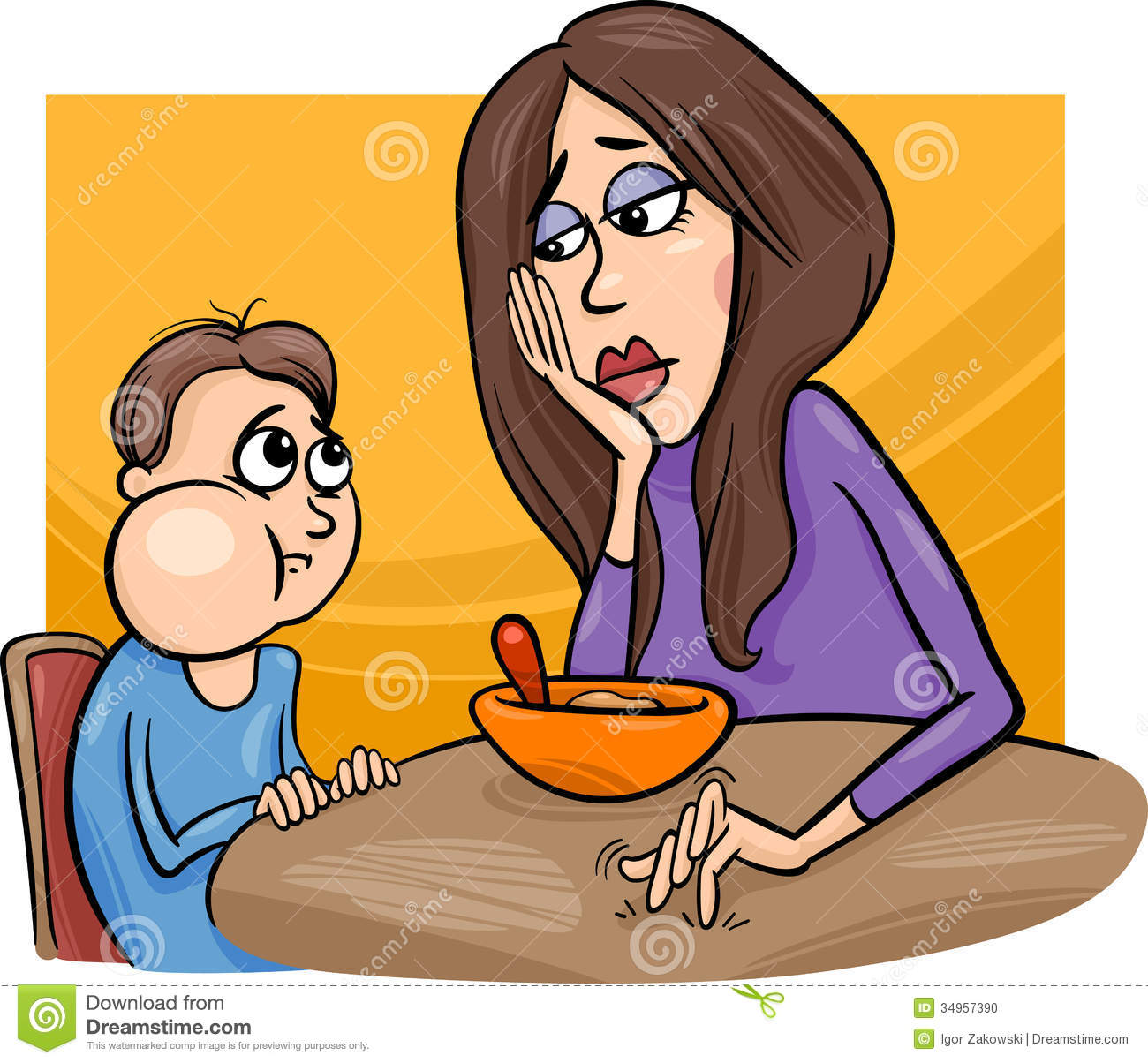Illustration Of Cute Poor Eater Boy With His Mum Having A Meal