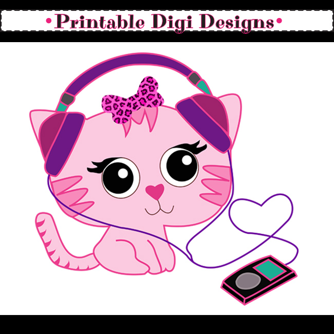 Kitty Cat With Headphones Single Graphic Clipart   1 25 Pink Kitty Cat