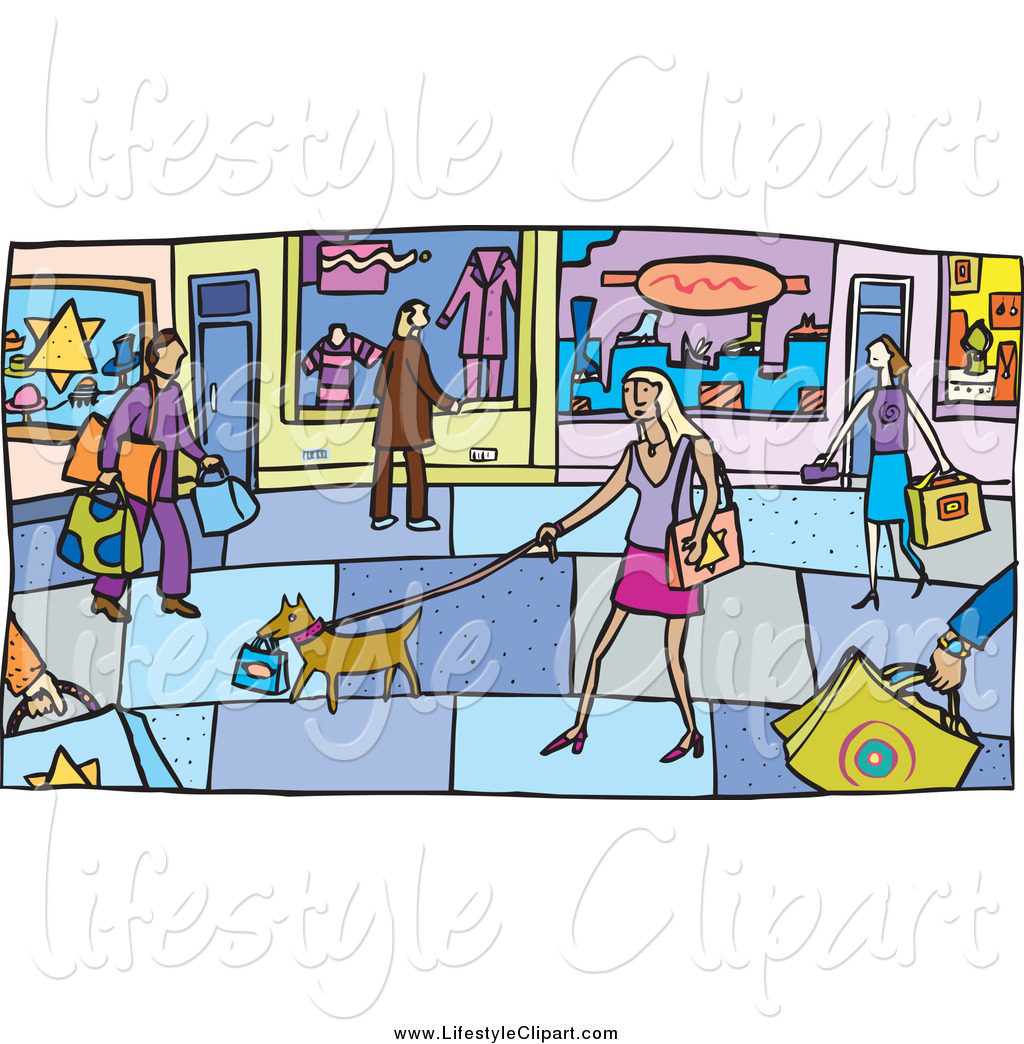 Lifestyle Clipart Of A Street Scene Of Dogs And People On A Sidewalk