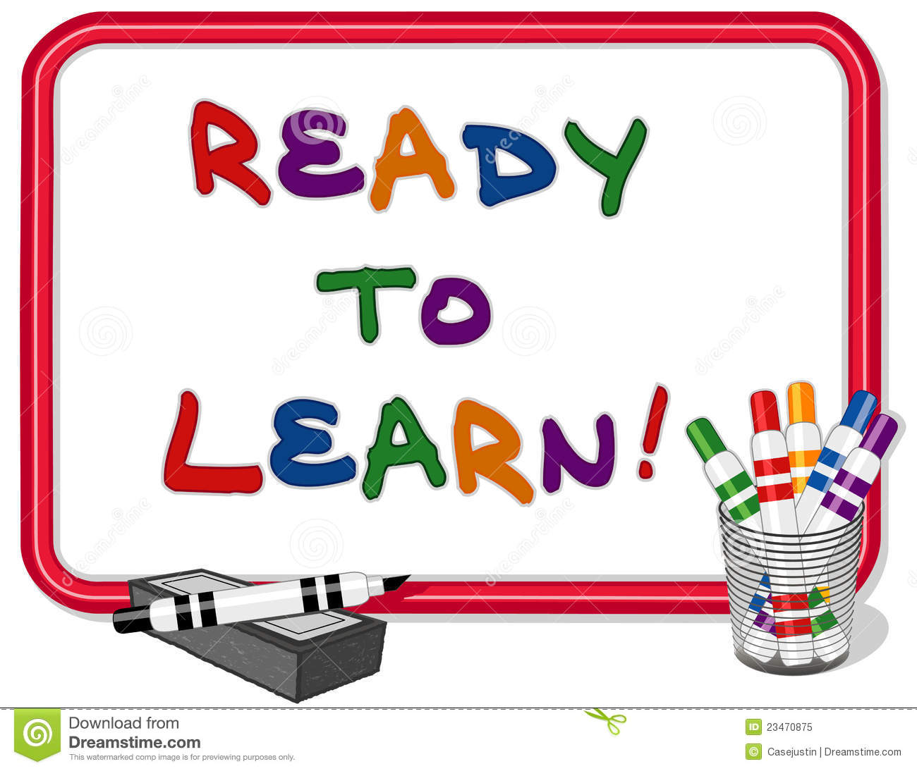 Ready To Learn Text On Red Frame Whiteboard With Multicolored Marker