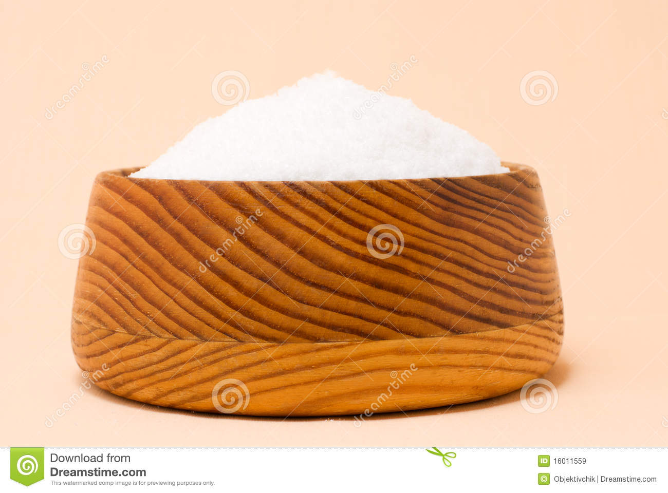 Salt In Wooden Salt Cellar On Beige Background 