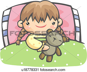 Teddy Bear Girl Doll Bed Lying Child View Large Clip Art Graphic