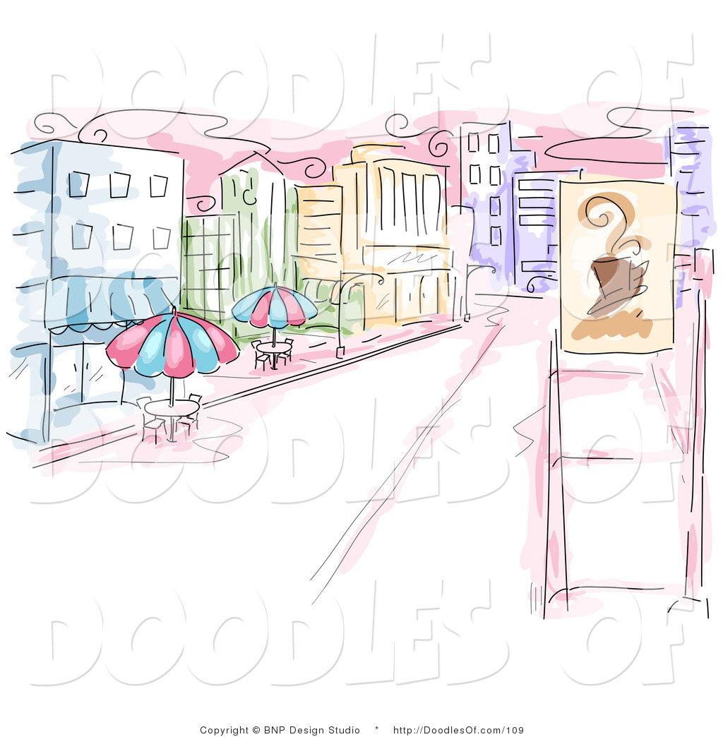 Vector Clipart Of A Watercolor And Sketched Urban Sidewalk Cafe Scene