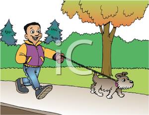 Walking A Small Dog On A City Sidewalk   Royalty Free Clipart Picture