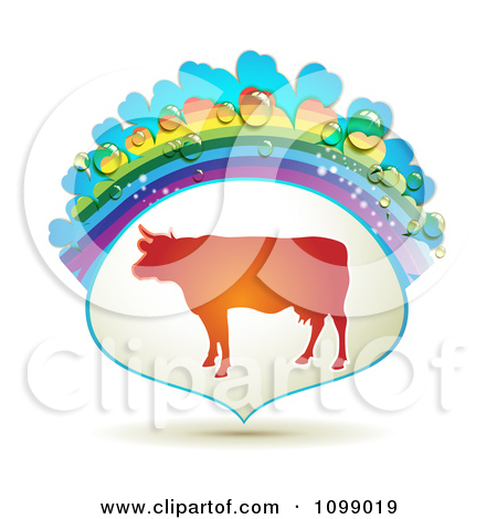 Barnyard Cow In A Frame With A Rainbow And Dew Drops