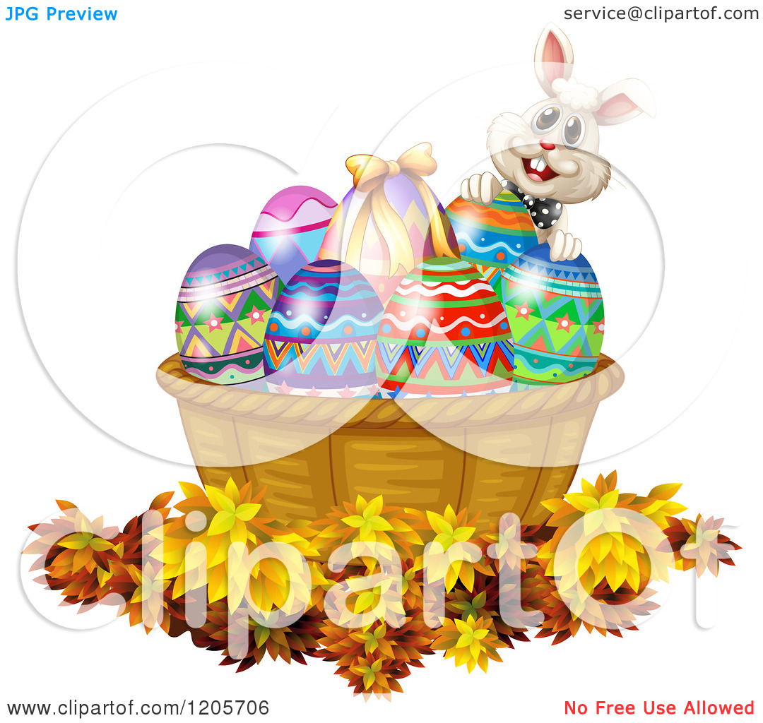 Basket Of Easter Eggs On Autumn Leaves   Royalty Free Vector Clipart
