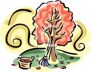     Basket Of Leaves Next To A Rake Leaning Against A Fall Tree   Clipart