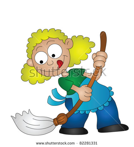 Cartoon Housewife Sweeping The Floor With A Broom   Stock Vector