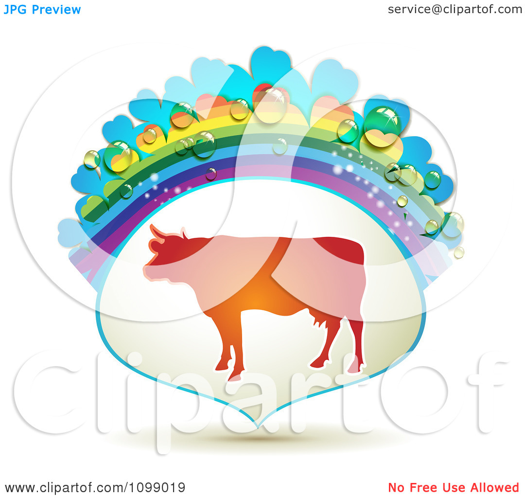 Clipart Barnyard Cow In A Frame With A Rainbow And Dew Drops   Royalty    