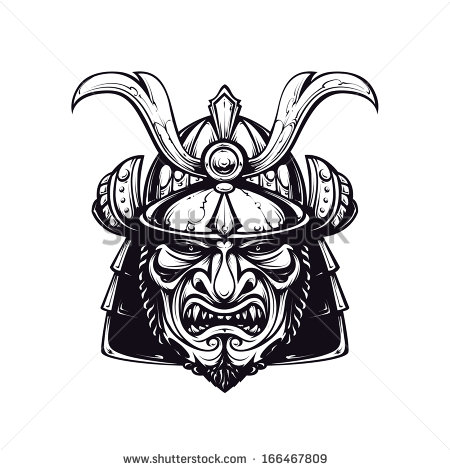 Samurai Mask Clip Art  Black And White Version Isolated On White    