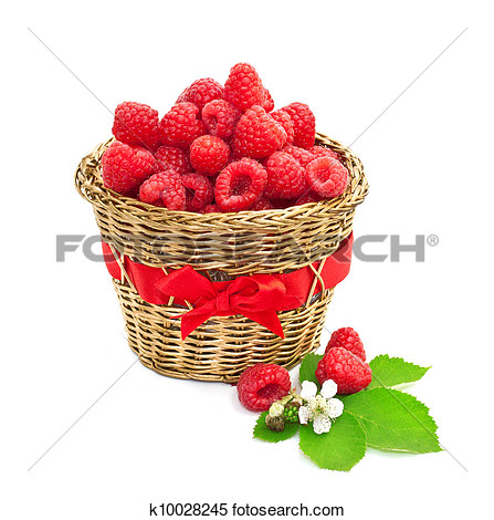 Stock Image Of Ripe Raspberry With Green Leaves In A Basket  Isolated