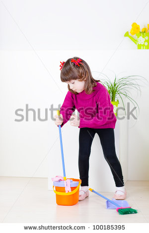 The Little Girl With A Mop Bucket And Broom Cleaning Room   Stock    