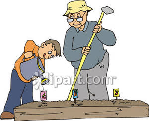 Boy Helping His Grandpa In The Garden   Royalty Free Clipart Picture