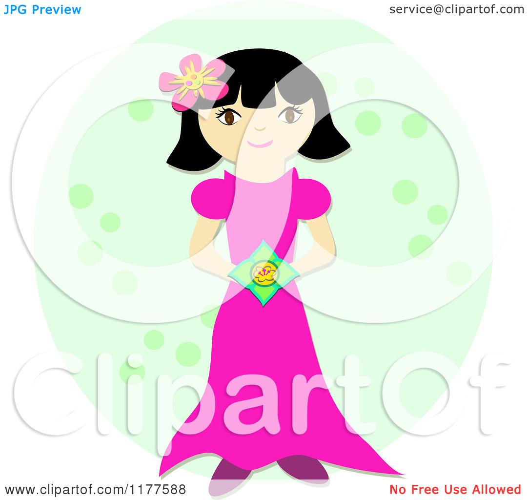 Cartoon Of A Pretty Asian Girl In A Pink Dress Holding A Flower