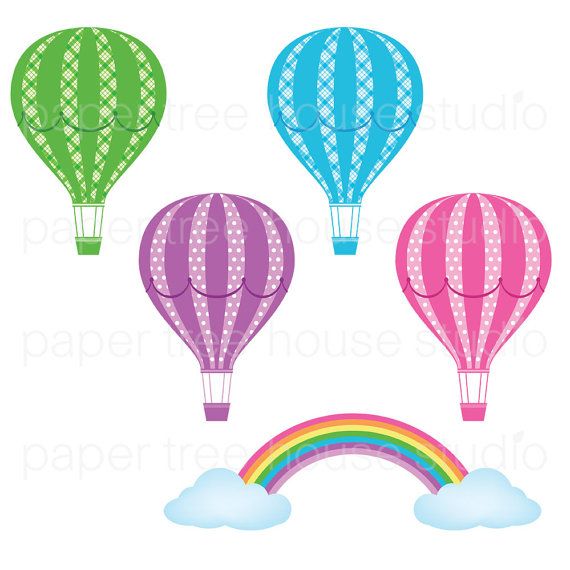 Clip Art And Digital Paper Set   Hot Air Balloons Clouds And Rainbow    