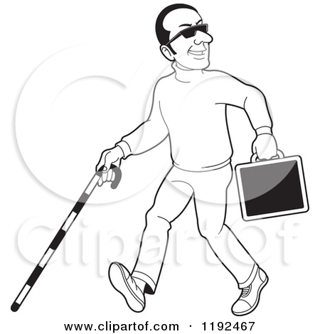 Clipart Of A Happy Black And White Blind Man With A Cane And Briefcase