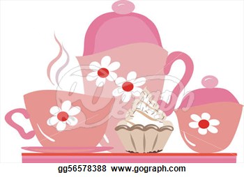 Clipart   Tea Party Pink Tea Set On A Tray With Cake   Stock