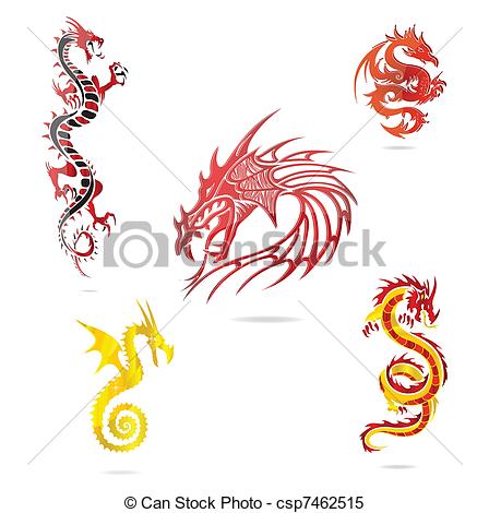Clipart Vector Of Asia Colored Dragons Sign Set Isolated On The White    