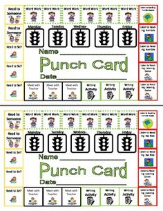 Daily Five  5  Centers Managed Independent Learing Punch Card    