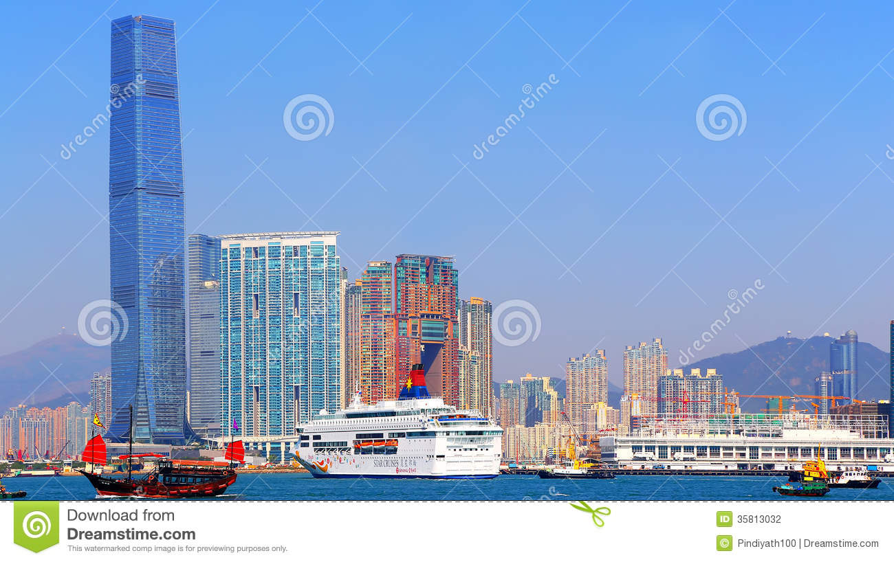     Hong Kong Island With A Luxury Cruise And A Chinese Junk In The