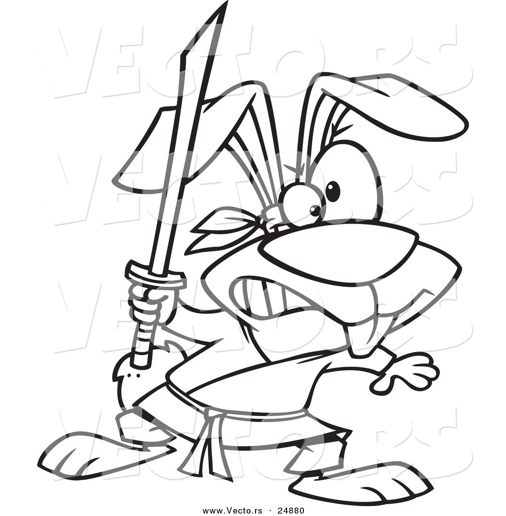 Of A Cartoon Ninja Rabbit With A Sword Outlined Coloring Page