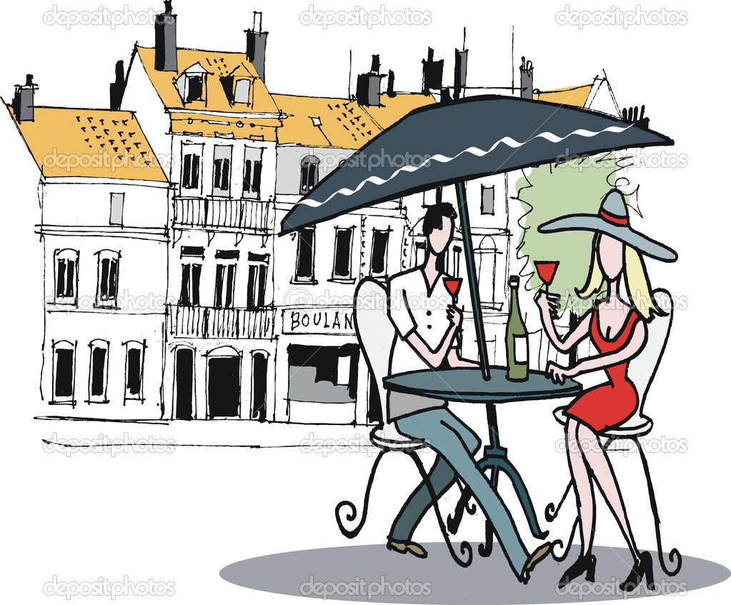 Of Man And Woman At Outdoor Cafe France    Stock Illustration