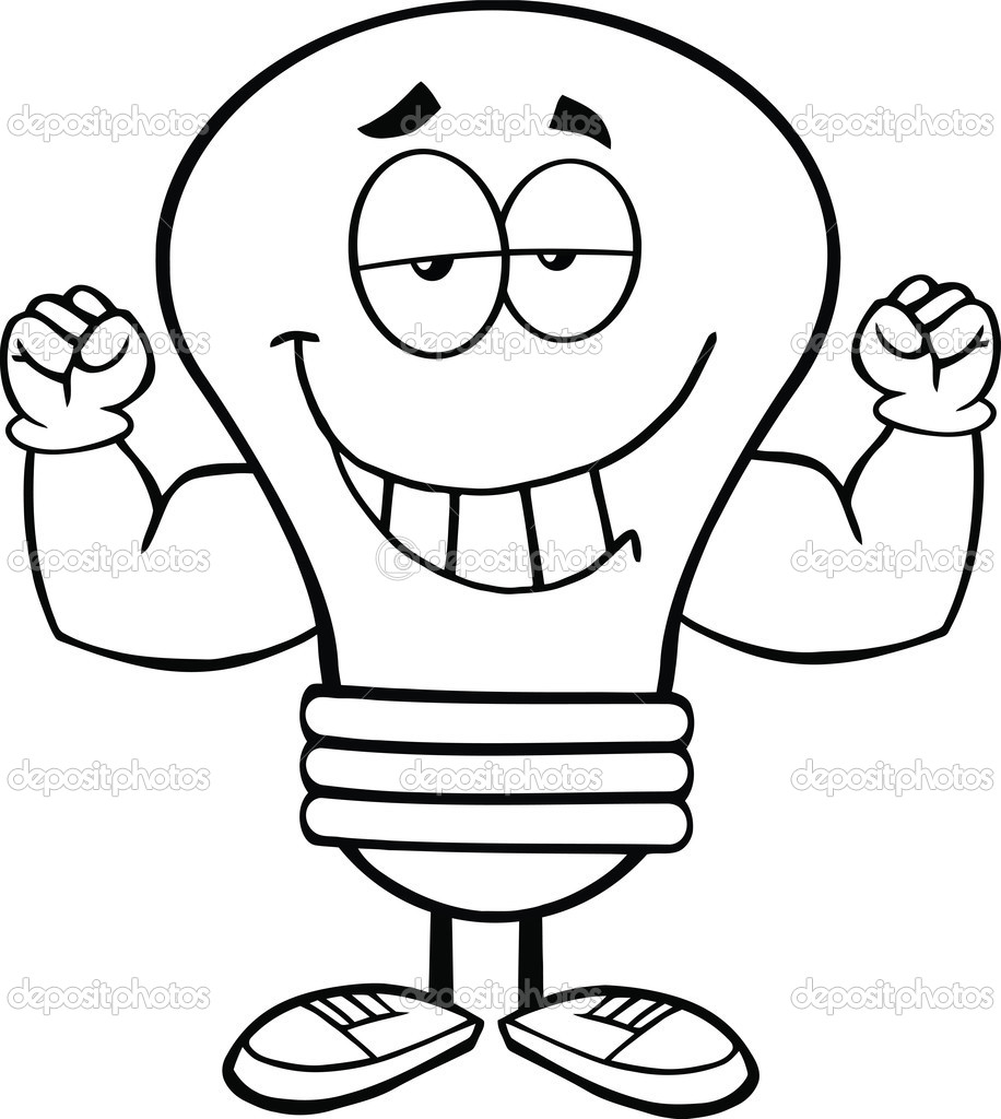 Outlined Light Bulb Cartoon Character With Muscle Arms   Stock Image