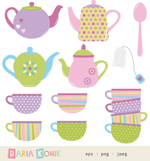 Tea Time Clip Art Set Teapots Cups Spoon Tea Bag Colorful Cute    