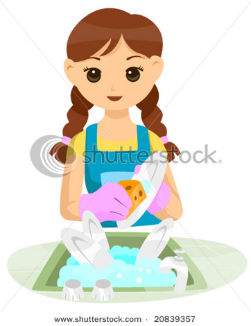 Teenage Girl Washing Dishes   Vector Clip Art Picture