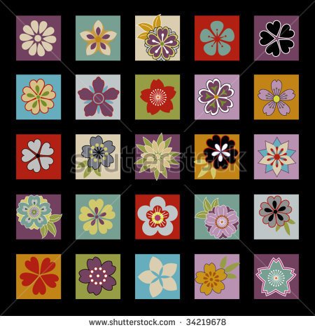 Twenty Five Asian Flowers And Floral Icons Laid Out In A Grid   Stock