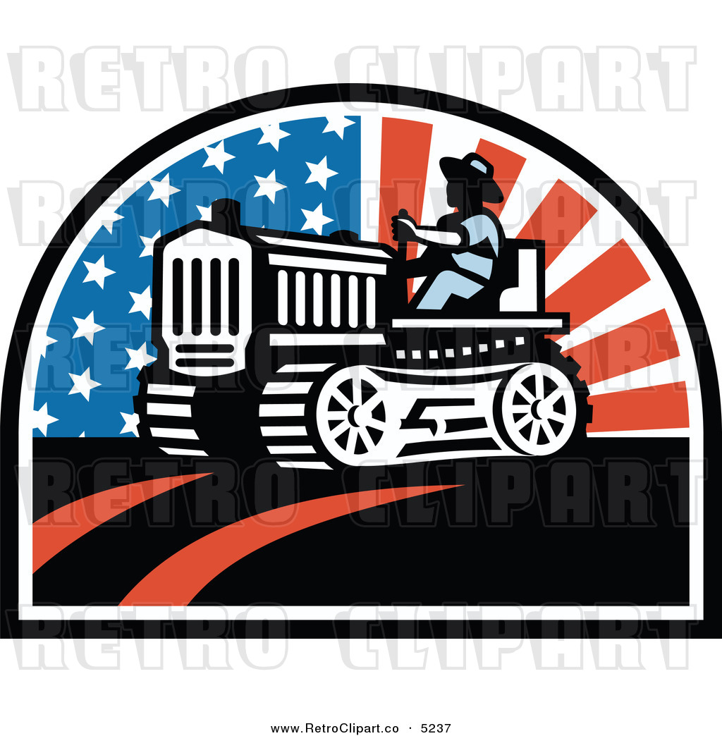 Vector Clipart Of A Retro American Farmer Operating A Tractor By