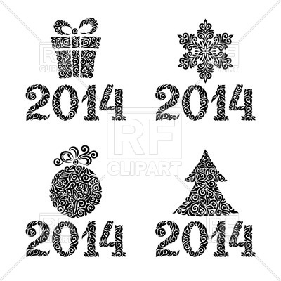 Curly Ornated New Year Symbols  Gift Box Ball Tree And Snoflake