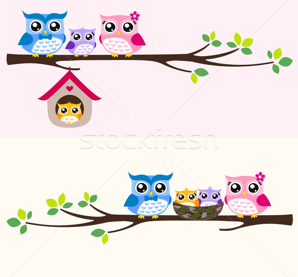 Owl Bird Family At Tree Branch Cartoon Vector Illustration   Sau Kit