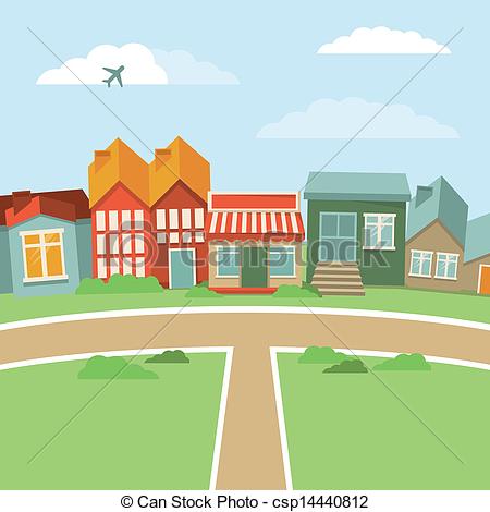 Vector Cartoon Town   Abstract Landscape With Houses In Retro Style