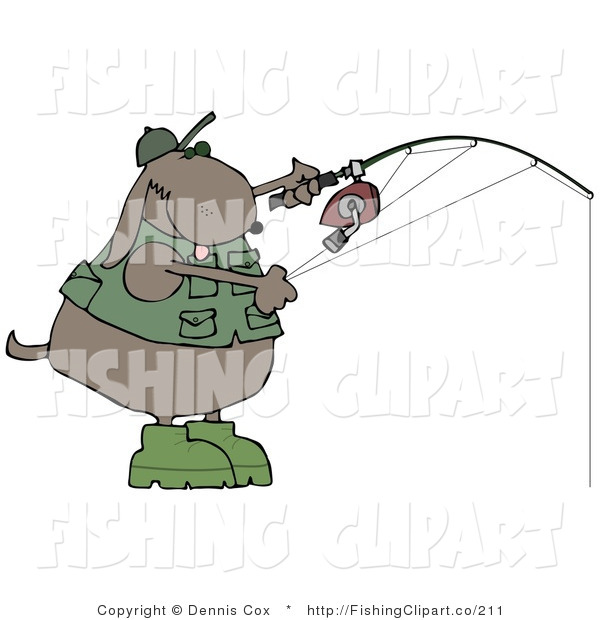 Clip Art Of A Brown Dog In A Green Vest And Hat Fishing By Dennis Cox