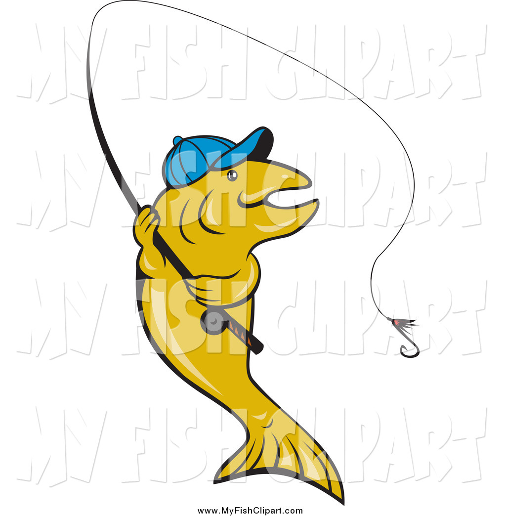Clip Art Of A Trout Fish Wearing A Hat And Fishing By Patrimonio 1977    