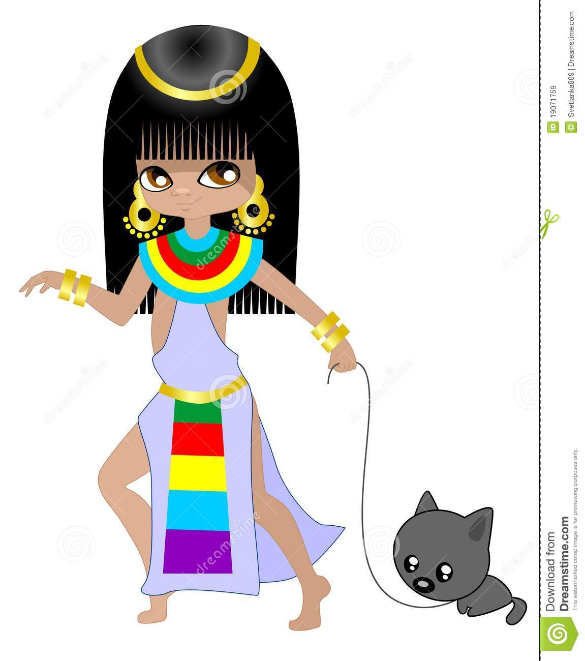 Egyptian Girl With A Kitten Is Isolated On A White Background