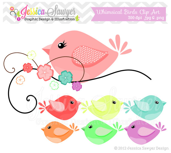 Instant Download Bird Clip Art   Whimsical Clip Art   Commercial Use