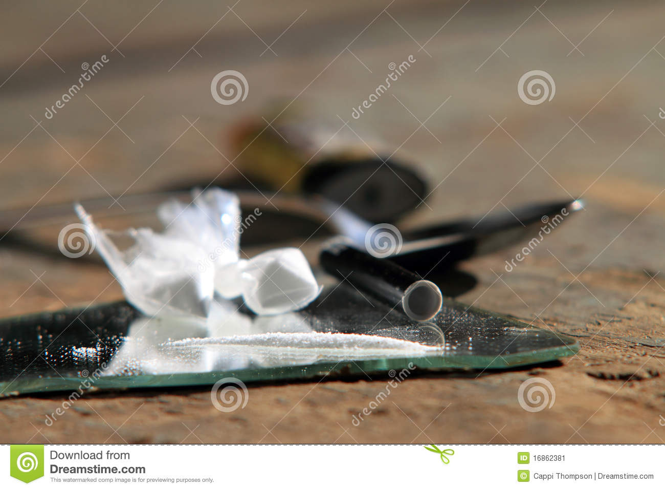Line Of Cocaine Or Meth On Mirror With Baggies Straw And Spoon