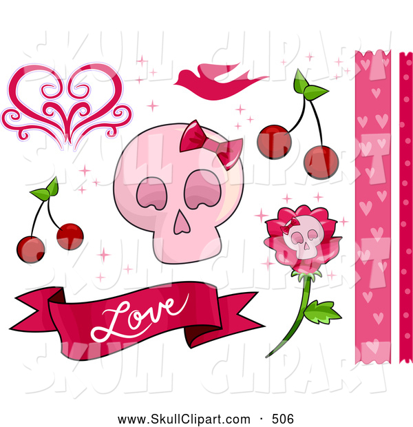 Of A Romantic Pink Feminine Skull And Love Border And Design Elements