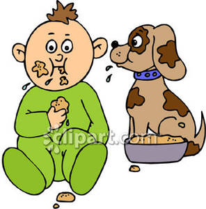 Toddler Eating Dog Food With A Puppy Royalty Free Clipart Picture