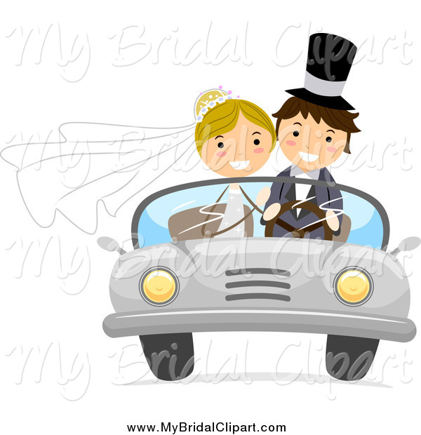 Bridal Clipart Of A Happy White Wedding Couple In A Convertible Car By